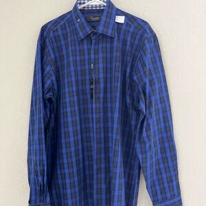 Bresciani Platinum Collection Men Plaid Shirt XL Blue Button Up Italy NEW